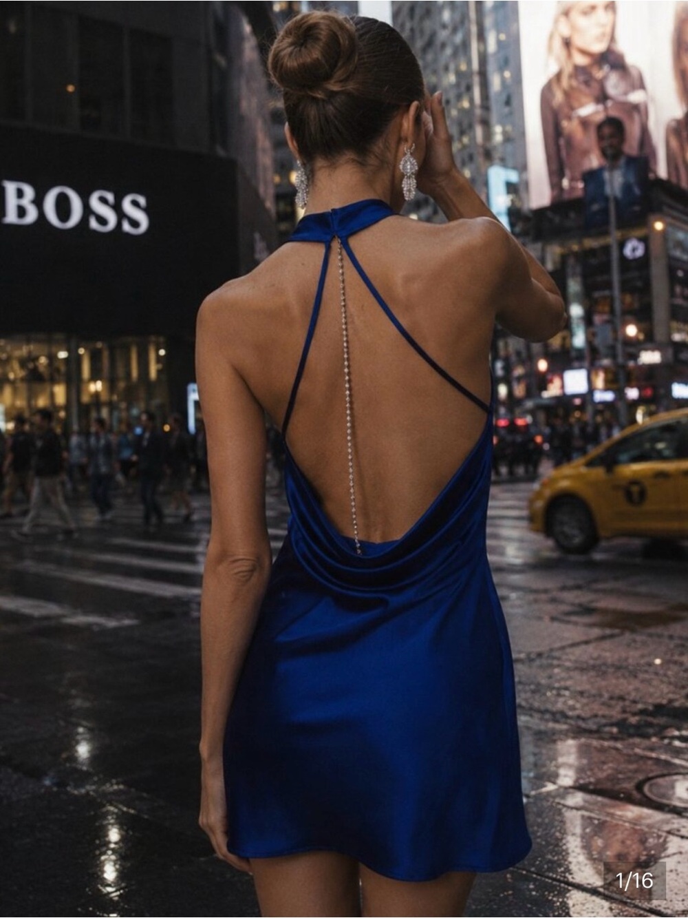 NWT Zara Satin Effect Jewel Chain Mini Dress S Cobalt Blue Open Back Halter HOCO